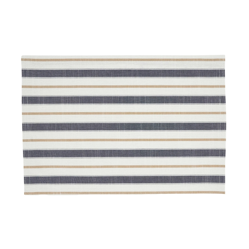 Striped rug with beige and navy stripes on a white background