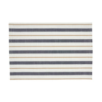 Striped rug with beige and navy stripes on a white background