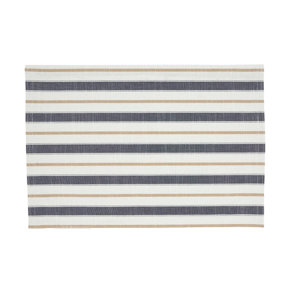 Striped rug with beige and navy stripes on a white background
