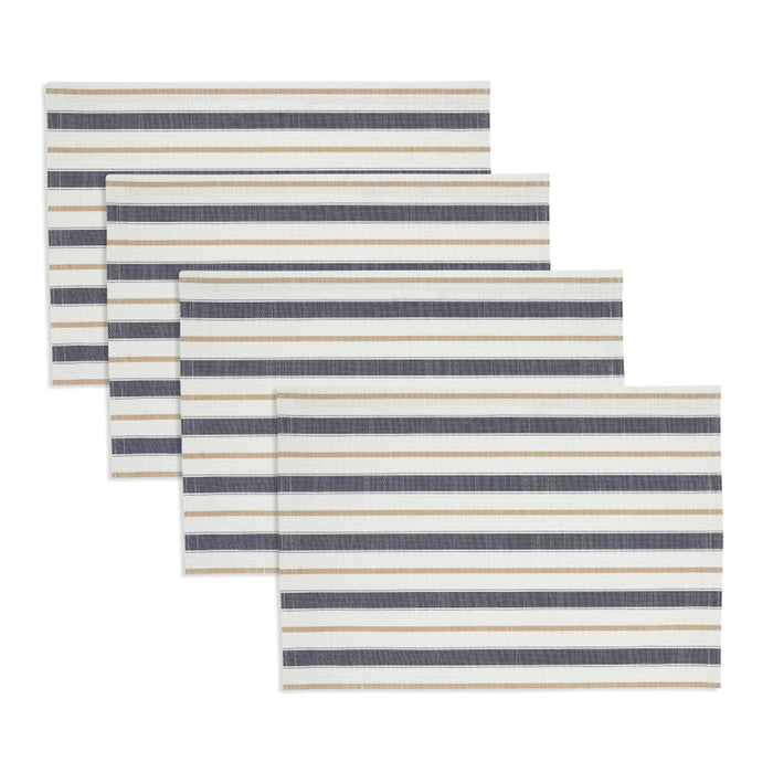 Set of three striped placemats with blue and beige stripes on a white background