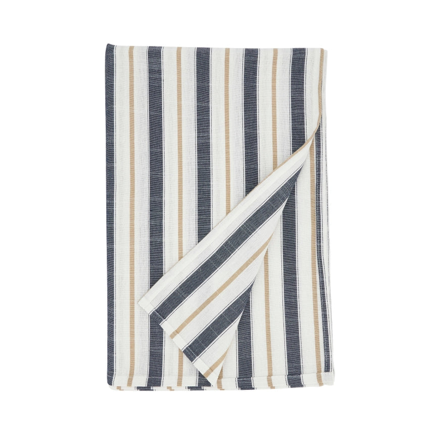 Folded towel with blue and beige stripes on a white background