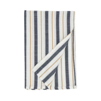 Folded towel with blue and beige stripes on a white background