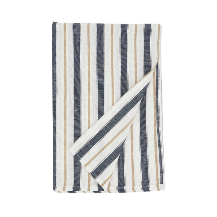 Folded towel with blue and beige stripes on a white background