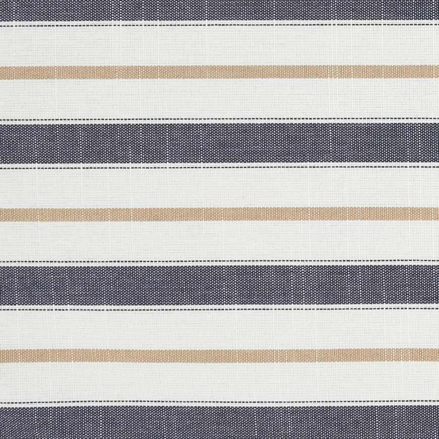 Fabric with horizontal stripes in navy, beige, and white on a white background