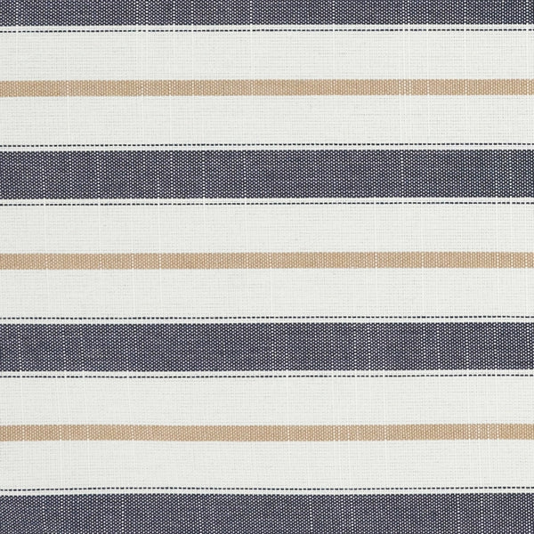 Fabric with horizontal stripes in navy, beige, and white on a white background