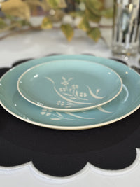 dinner and side plate vintage floral Harkerware on black sculped placemat