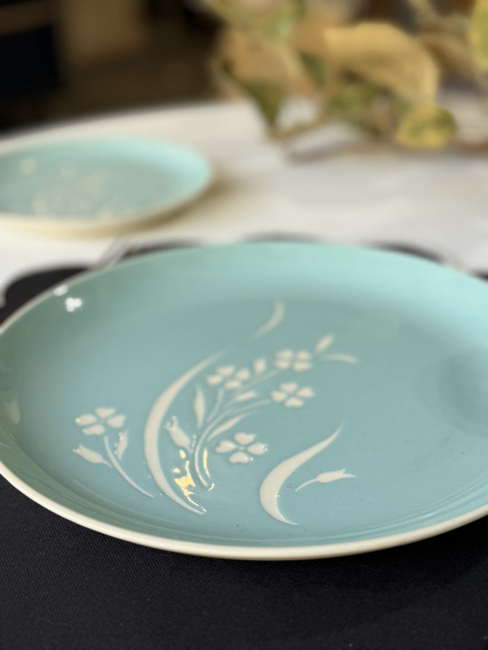Vintage Harkerware Floral Relief Dinner Plate - Soft Blue Ceramic (Mid-Century)