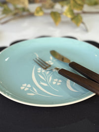 Vintage Harkerware Floral Relief Dinner Plate - Soft Blue Ceramic (Mid-Century)
