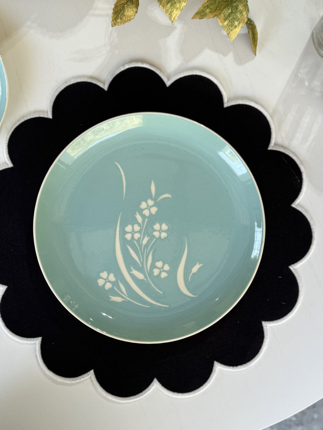 Vintage Harkerware Floral Relief Dinner Plate - Soft Blue Ceramic (Mid-Century)