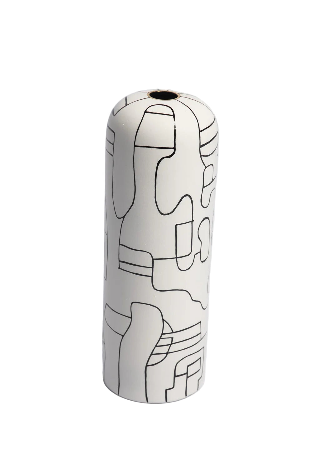 Cylindrical vase with black line art on a white background