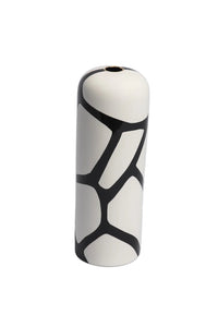 Cylindrical vase with black geometric pattern on a white background