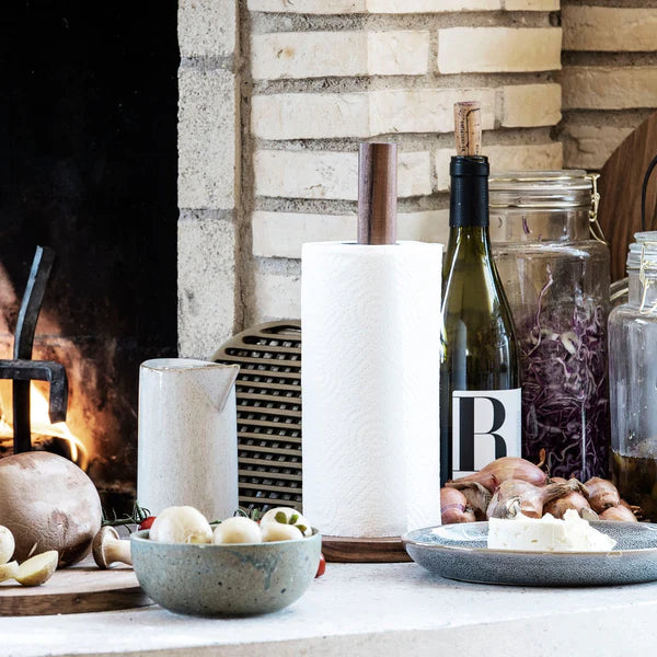 wooden paper towel holder in kitchen