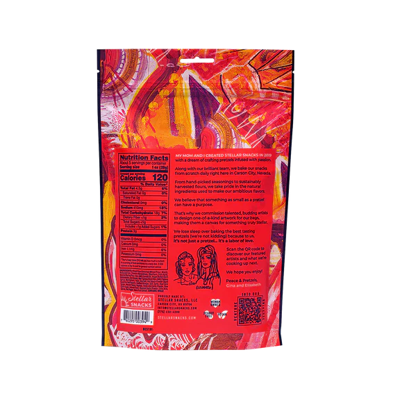 Colorful snack package with a nutrition label on a white background