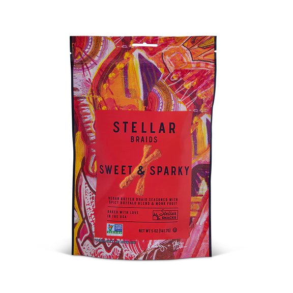Stellar Braids Sweet & Sparky snack package with colorful design