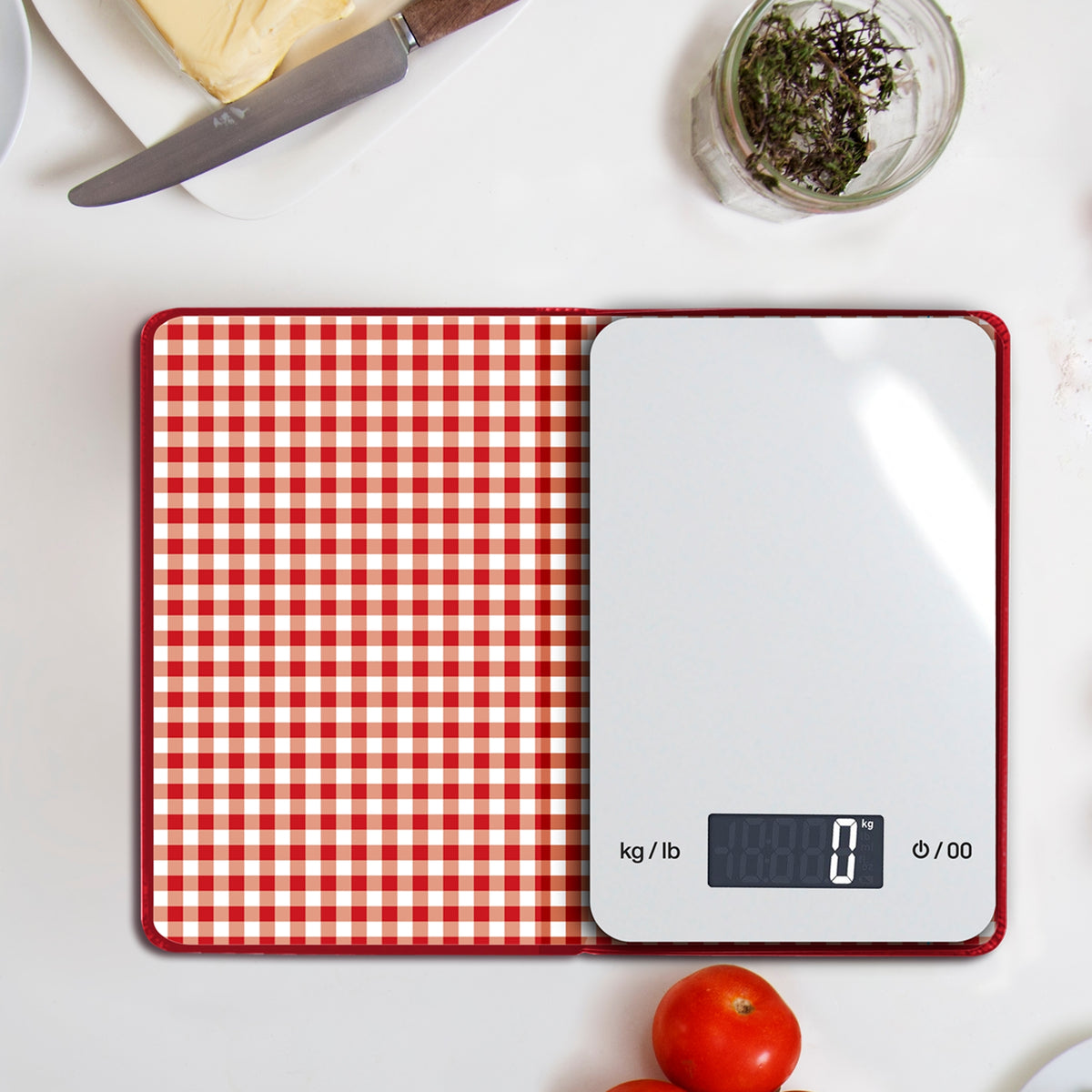 kitchen scale in red booklet