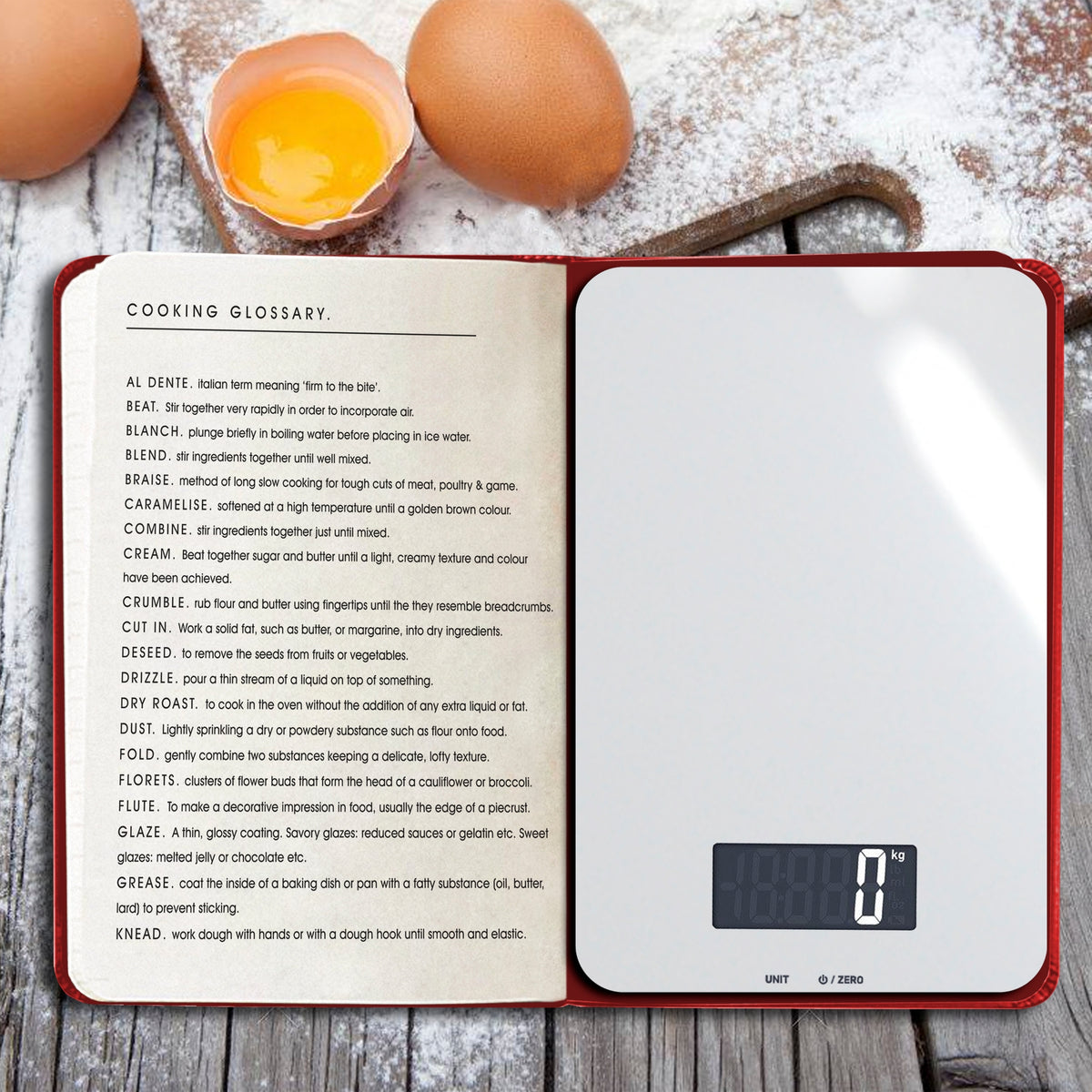 kitchen scale in red booklet