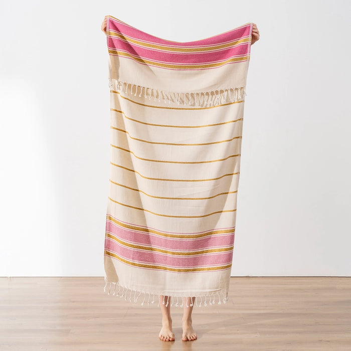 cream gold and pink striped large towel