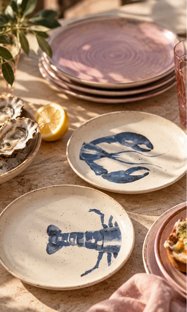 plates with head and teal of lobster on an outdoor dining table with pink dinner plates