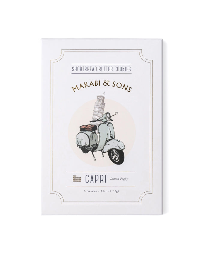 Makabi & Sons Capri cookie package with scooter illustration on a white background