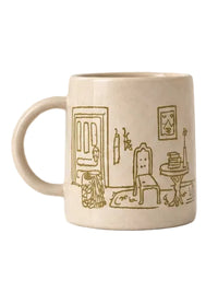 An off-white ceramic mug featuring a brown line-art illustration of a cozy room scene with a chair, table, and door. on a white background