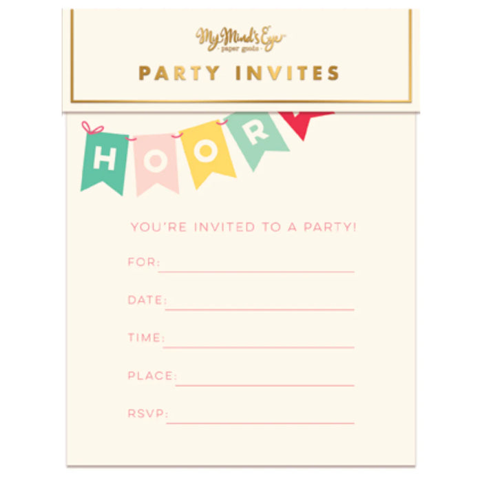 Party invite card with colorful 'HOORAY!' banner and 'My Mind's Eye' branding.