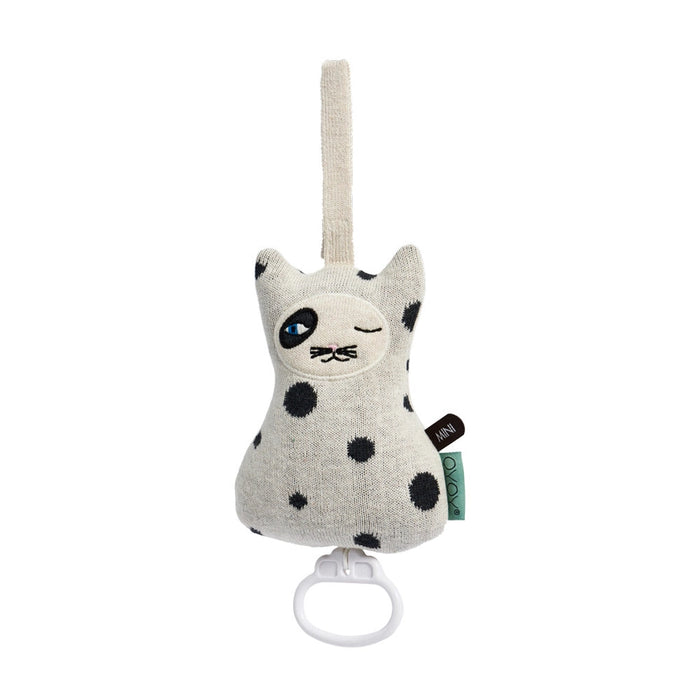 Cat-shaped baby rattle with black spots on a white background