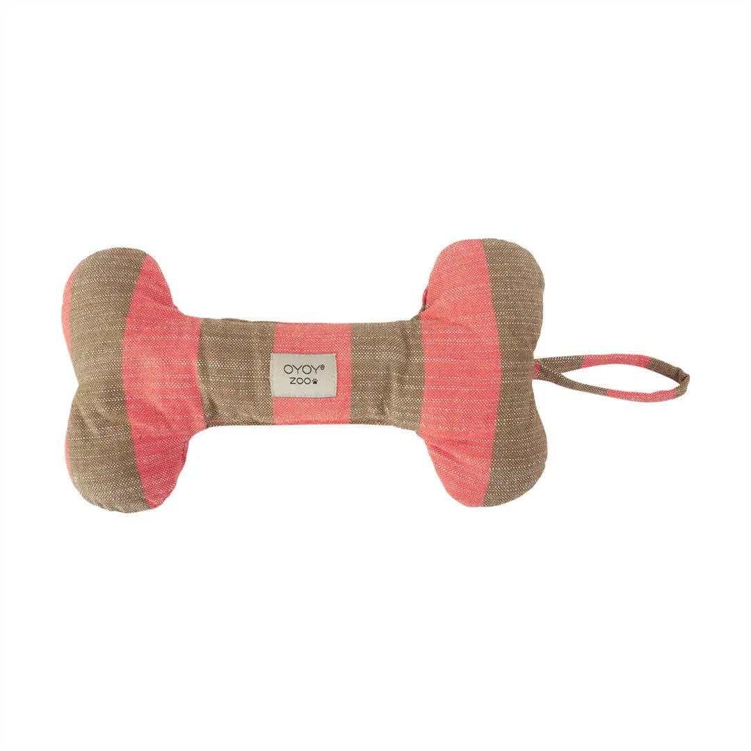 Dog toy shaped like a bone with red and brown pattern on a white background