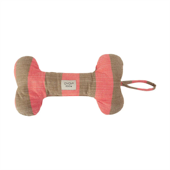 Dog toy shaped like a bone with red and brown pattern on a white background