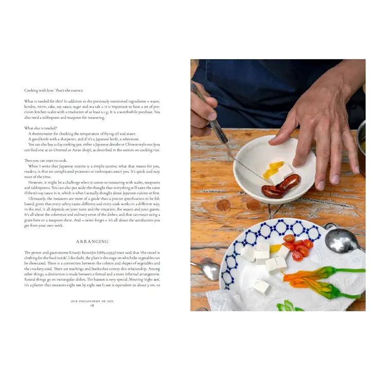 Person arranging food on a plate with text on the left side