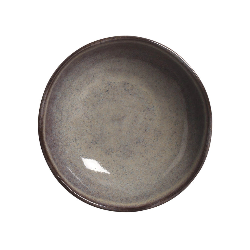 Round ceramic bowl with a speckled gray and brown design on a white background