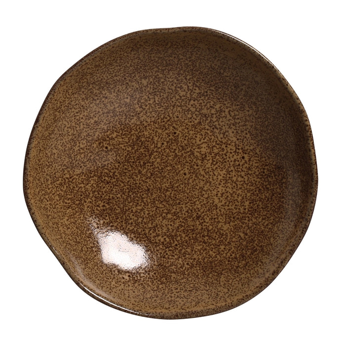 Brown ceramic plate with speckled texture on a white background