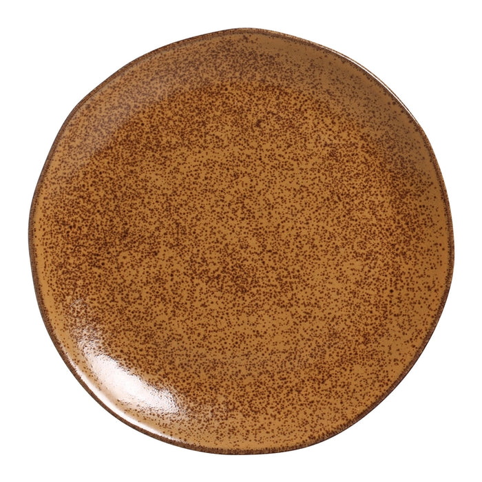 Brown ceramic plate with speckled texture on a white background