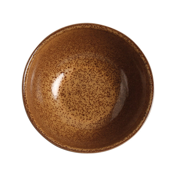 Brown ceramic bowl with speckled texture on a white background