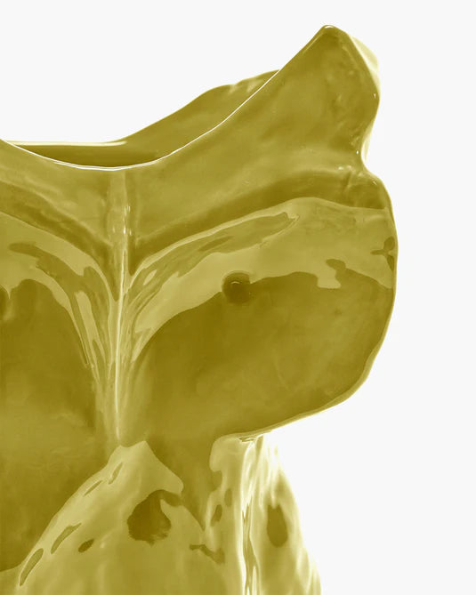 detail of yellow ceramic vase in abstract owl shape on white background