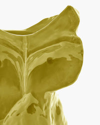 detail of yellow ceramic vase in abstract owl shape on white background