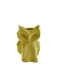 yellow ceramic vase in abstract owl shape on white background
