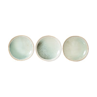 variations of 3 stoneware side plates in soft green and white colors 