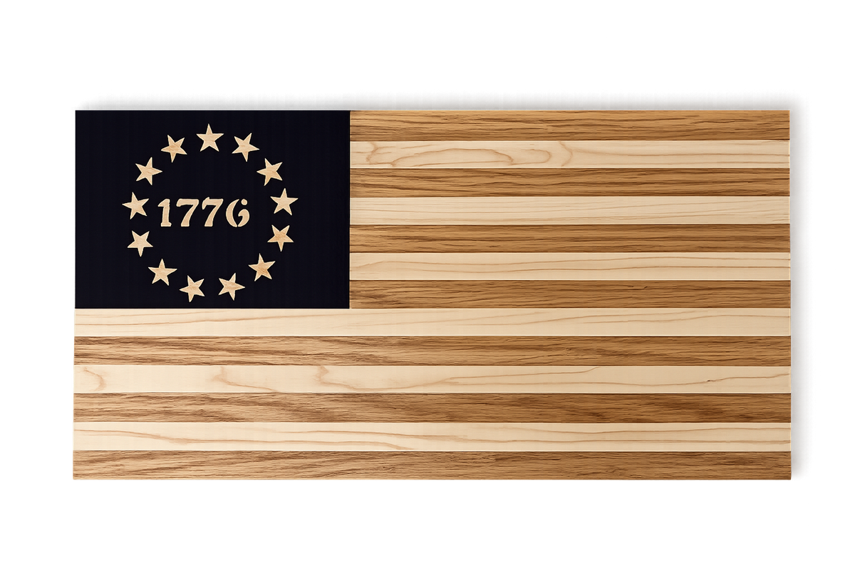 Wooden flag with striped design and '1776' on a black background