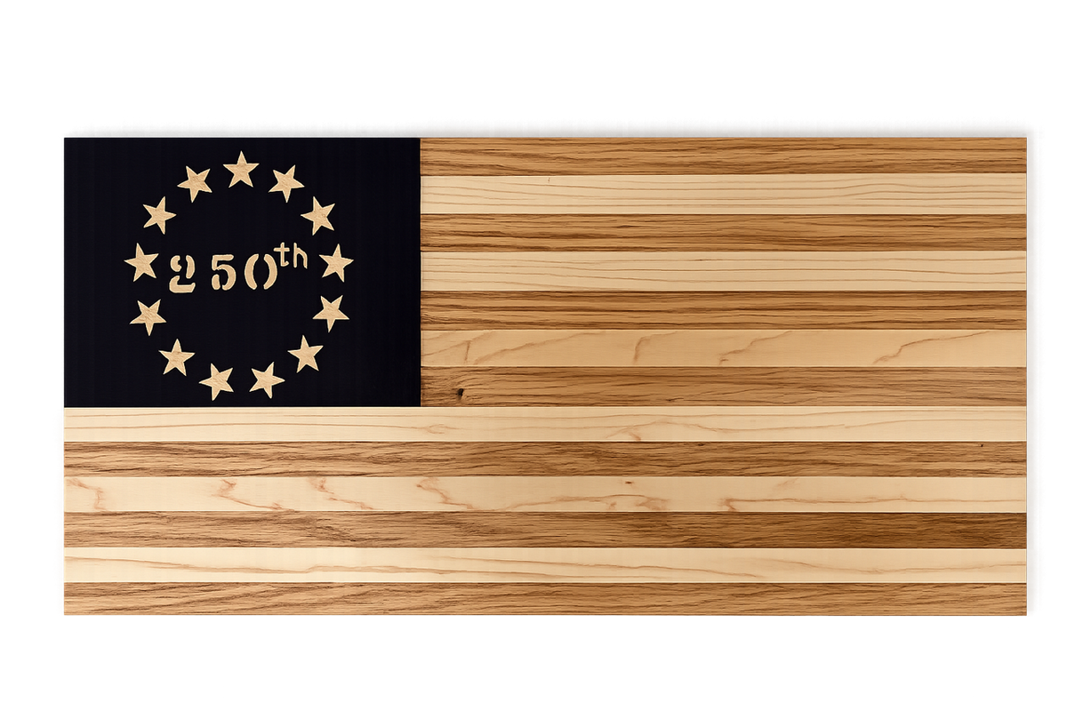Wooden cutting board with a black section featuring stars and '250th' text on a black background