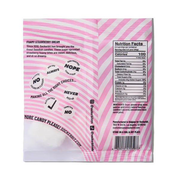 Back of a pink and white candy packaging with text and nutrition facts.