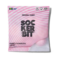Pink packaging of Swedish Candy Sockerbit Foamy Strawberry Dream on a white background