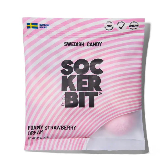 Pink packaging of Swedish Candy Sockerbit Foamy Strawberry Dream on a white background