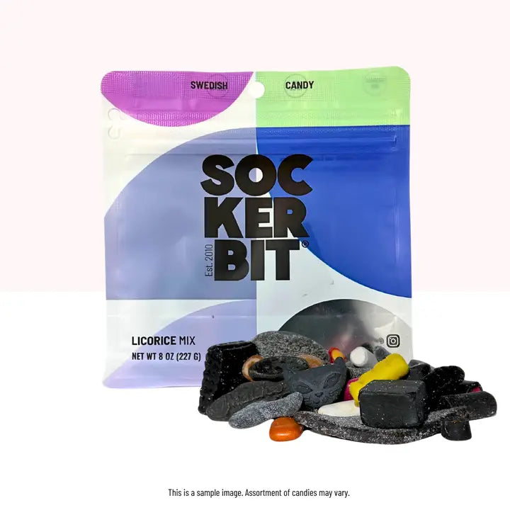 Sockerbit licorice mix packaging with candies displayed in front