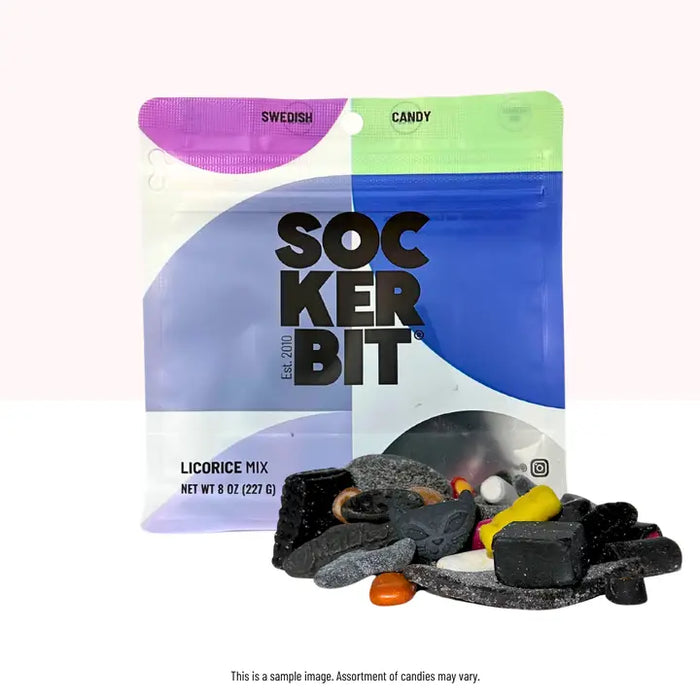 Sockerbit licorice mix packaging with candies displayed in front