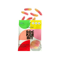 Sockerbit gummy worm package with gummy worms spilling out on a white background