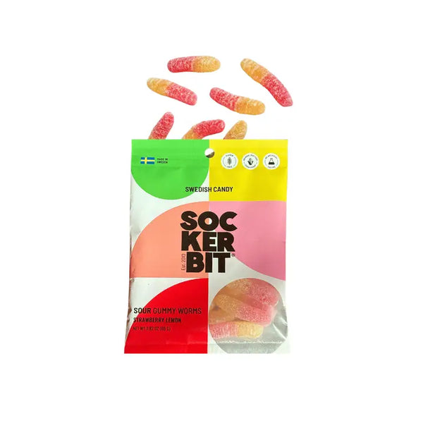 Sockerbit gummy worm package with gummy worms spilling out on a white background