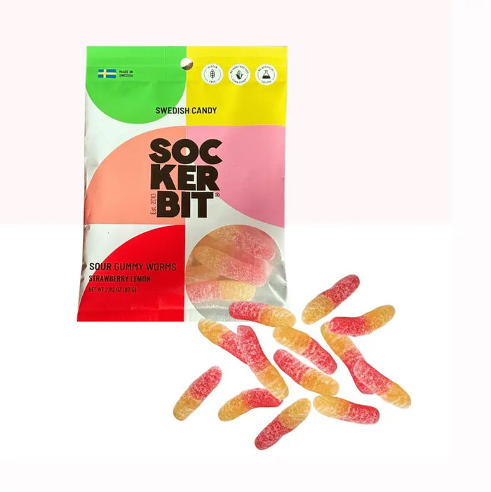 Sockerbit gummy worms packaging with gummy worms on a white background