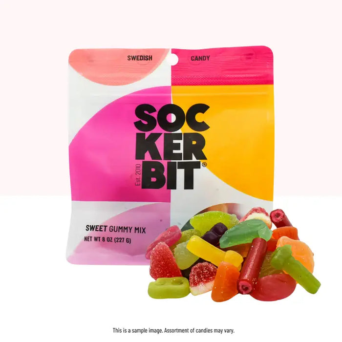 Sockerbit gummy candy package with colorful gummies on a white background