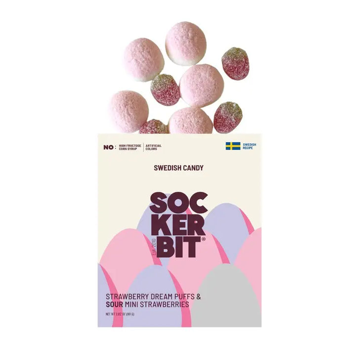 Packaging of Swedish candy 'Sockerbit' with strawberry flavor on a white background