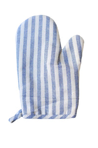 Blue and white striped oven mitt on a white background